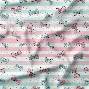 Cotton Fabric by the Yard - Pink and Blue Bows on Pastel Stripes with Gold Accents - Perfect for Quilting, Sewing, and Craft Projects