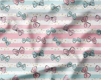 Cotton Fabric by the Yard - Pink and Blue Bows on Pastel Stripes with Gold Accents - Perfect for Quilting, Sewing, and Craft Projects