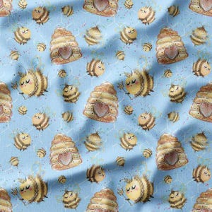 Cute Bumble Bees Cotton Fabric by the Yard Adorable Bees and Beehives Pattern on Blue Background for Sewing, Quilting, Home Decor and DIY