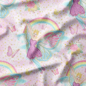 Pink Fairy with Rainbow and Butterflies on Pastel Pink Background Cotton Fabric by the Yard, Perfect for Kids&#39; Clothing and Nursery Decor
