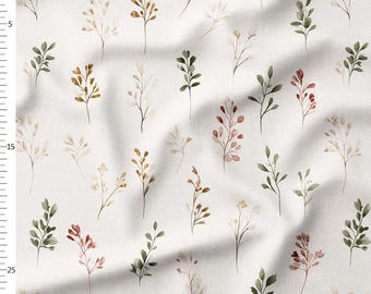 Cotton Fabric by the Yard – Minimal Ditsy Wildflowers in Beige and Sage – Scandinavian Floral Pattern