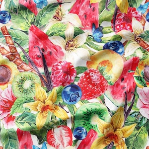 Cotton Fabric by the Yard – Watercolor Summer Fruits (Watermelon, Strawberry, Kiwi) with Vanilla Blossoms & Blueberries – Kitchen