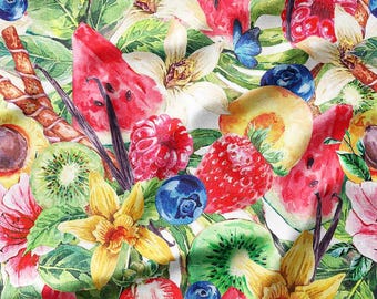 Cotton Fabric by the Yard – Watercolor Summer Fruits (Watermelon, Strawberry, Kiwi) with Vanilla Blossoms & Blueberries – Kitchen