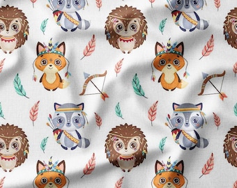 Foxes, Raccoons, and Hedgehogs with Feathers and Arrows Cotton Fabric by the Yard - Playful Woodland Animal Pattern for Kids - Cotton Fabric