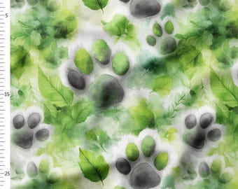 Cotton Fabric by the Yard, Green Watercolor Paw Prints, Leafy Background Modern Pet Pattern