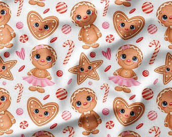 Cotton Fabric by the Yard Gingerbread Ballerinas and Candy Canes Christmas Fabric, Available in Cotton, Linen, Bamboo - Perfect for Gifts