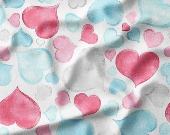 Cotton Fabric by the Yard – Pastel Hearts in Pink and Blue – Valentine Pattern