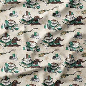 Cotton Fabric by the Yard - Witchy Magic Items on Beige, Perfect for Quilting, Sewing, Halloween Decor, and Craft Projects