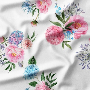 Watercolor Floral Bouquets with Pink and Blue Blooms on White Cotton Fabric by the Yard - Elegant and Fresh Design for Quilting, Sewing