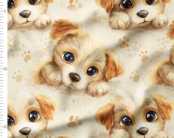 Cotton Fabric by the Yard, Watercolor Puppy Faces and Paw Prints, Beige Soft Nursery Pattern