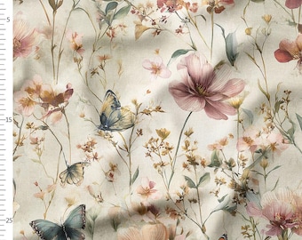 May include: A fabric with a watercolor floral design featuring pink, peach, and yellow flowers, green leaves, and butterflies in shades of blue and orange. The background is a light beige color, creating a vintage aesthetic.