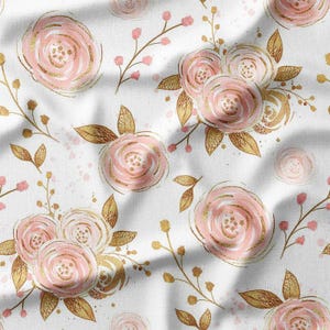 Blush Pink and Gold Roses with Green Leaves on White Cotton Fabric by the Yard - Elegant Floral Design for Quilting, Sewing, and Crafts