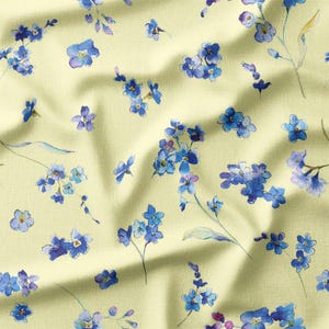 Cotton Fabric by the Yard - Blue Watercolor Flowers on Light Yellow Background, Ideal for Quilting, Sewing, and Home Decor Projects