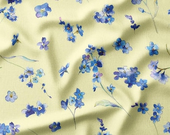 Cotton Fabric by the Yard - Blue Watercolor Flowers on Light Yellow Background, Ideal for Quilting, Sewing, and Home Decor Projects