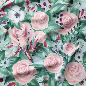 Blush Pink Roses and Green Leaves Cotton Fabric by the Yard - Romantic Floral Design for Quilting, Pillows, Bedding, and Home Decor