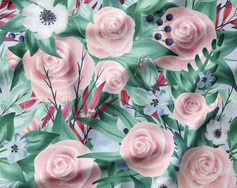 Blush Pink Roses and Green Leaves Cotton Fabric by the Yard - Romantic Floral Design for Quilting, Pillows, Bedding, and Home Decor