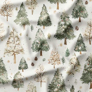Snow-Covered Christmas Trees on White Cotton Fabric by the Yard - Ideal for Holiday Quilting, Pillows, and Crafts