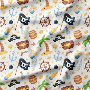 Pirate Adventure Cotton Fabric by the Yard – Treasure Maps, Pirate Flags, and Anchors, Perfect for Kids' Room Decor, Clothing, and Crafts