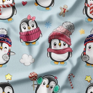 Adorable Penguins in Winter Hats and Scarves on Light Blue Cotton Fabric by the Yard – Perfect for Christmas Crafts, Quilting, DIY Projects
