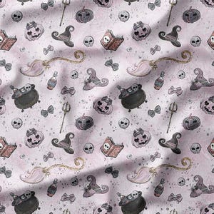 Witchy Halloween Cotton Fabric by the Yard Spooky Pink Design with Skulls, Cauldrons, and Potions for Sewing, Quilting, and DIY Projects
