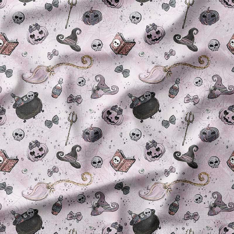 Witchy Halloween Cotton Fabric by the Yard Spooky Pink Design with Skulls, Cauldrons, and Potions for Sewing, Quilting, and DIY Projects