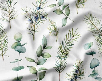 Watercolor Greenery and Botanical Elements on White Cotton Fabric by the Yard - Fresh and Natural Design for Quilting, Sewing and Home Decor