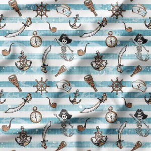 Nautical Pirate Theme with Skeletons and Anchors on Blue Striped Cotton Fabric by the Yard - Fun Design for Kids&#39; Quilting, Sewing, Crafts