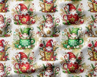 Cute Christmas Gnomes in Festive Mugs with Gifts and Candy Canes on White Cotton Fabric by the Yard - Holiday Quilting, Pillows, and Crafts