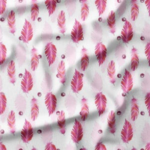 Feather Print Fabric by the Yard - Pink and Purple Feathers on White - Cotton Sateen Poplin Bamboo Linen Muslin for Home Decor Sewing DIY