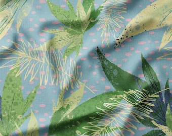 Tropical Green Leaves on Blue Cotton Fabric by the Yard - Vibrant and Fresh Design for Summer Apparel, Quilting, and Home Decor Projects