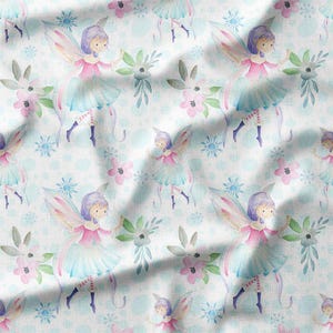 Fairies Printed Fabric - Blue-White Background  Cotton Knit Jersey Sateen  Home Decor Poplin Bamboo  Sewing DIY Linen Muslin  for Girls Kids