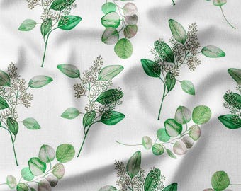 Green Eucalyptus and Leaves Cotton Fabric by the Yard - Nature Botanical Design for Quilting, Bedding, Pillows, and Home Decor
