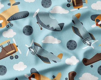Airplanes and Clouds Cotton Fabric by the Yard Vintage Planes and Clouds Design for Kids Boys Sewing Fabric for Quilting Bedding DIY