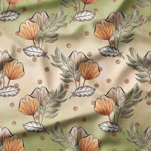 Botanical Floral Cotton Fabric by the Yard Autumn Leaves and Flowers in Earthy Tones for Sewing, Quilting, Bedding, and DIY Projects