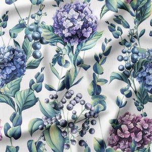 Hydrangea Floral Cotton Fabric by the Yard Elegant Purple and Blue Flowers Botanical Design Sewing Supplies Fabric for Quilting Bedding DIY