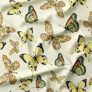 Cotton Fabric by the Yard - Yellow and Black Butterflies on Light Cream Background, Perfect for Quilting, Summer Crafts, Kids' Clothing