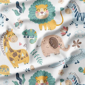 Safari Animals Cotton Fabric by the Yard Cute Cartoon Jungle Animals Lion Giraffes Elephants Sewing Fabric for Kids Quilting Clothes Bedding