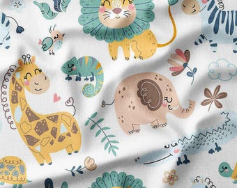 Safari Animals Cotton Fabric by the Yard Cute Cartoon Jungle Animals Lion Giraffes Elephants Sewing Fabric for Kids Quilting Clothes Bedding