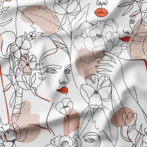 Modern Line Art Style with Feminine Faces Cotton Fabric by the Yard – Elegant Design for Fashion, Home Decor, Quilting, and DIY Crafts