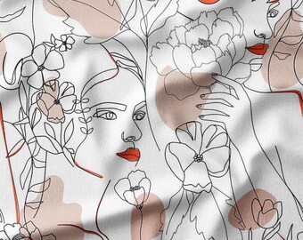 Modern Line Art Style with Feminine Faces Cotton Fabric by the Yard – Elegant Design for Fashion, Home Decor, Quilting, and DIY Crafts