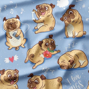 Pug Dogs Cotton Fabric by the Yard Cute Pugs with Funny Expressions Design for Sewing, Quilting, Bedding, Clothing, Home Decor and DIY