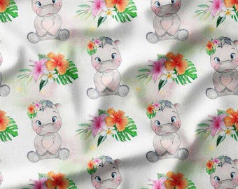 Tropical Baby Hippo Cotton Fabric by the Yard Adorable Jungle Animal with Hibiscus Flowers Design for Kids Sewing, Clothes, Bedding, DYI