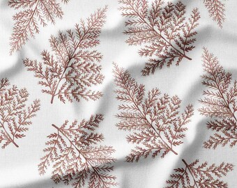 Detailed Brown Fern Leaves on White Cotton Fabric by the Yard for Quilting Sewing Botanical Themed DIY Projects and Crafts