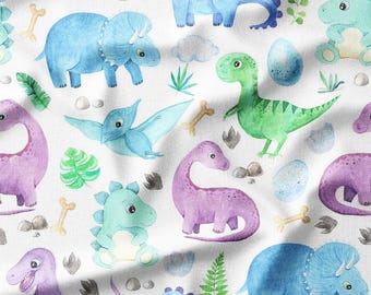 Cotton Fabric by the Yard – Cute Watercolor Dinosaurs with Eggs, Bones & Leaves on White – Kids/Nursery