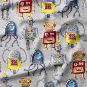 Fabric by the Yard - Colorful Retro Robots on Gray Background - Perfect for Kids' Clothing, Quilting, and DIY Projects
