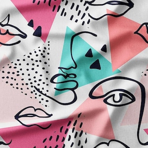 Abstract Faces and Geometric Shapes on White Cotton Fabric by the Yard – Modern Design for Quilting, Apparel, DIY Crafts, and Home Decor