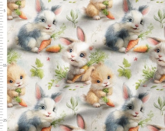 Cotton Fabric by the Yard – Baby Bunnies with Carrots and Greenery on White – Pastel Kids Pattern