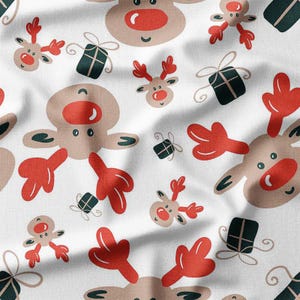 Reindeer Christmas Cotton Fabric by the Yard Cute Animal Red-Nosed Reindeer with Gifts Design Sewing Fabric for Holiday Crafts and Quilting