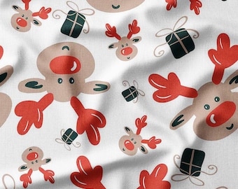 Reindeer Christmas Cotton Fabric by the Yard Cute Animal Red-Nosed Reindeer with Gifts Design Sewing Fabric for Holiday Crafts and Quilting
