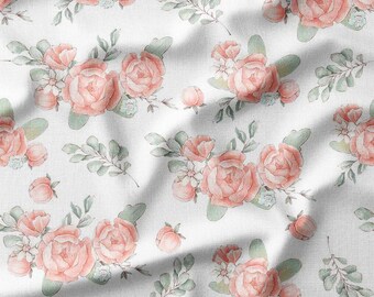Cotton Fabric by the Yard – Blush Rose Bouquets with Eucalyptus – Watercolor Floral Pattern